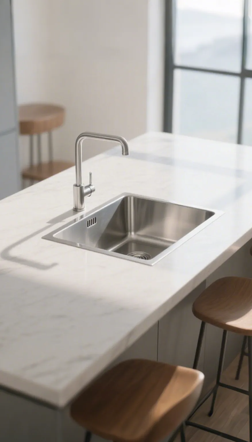 Corner kitchen sink with angled design in stainless steel, embedded in gray countertop with white cabinets, window with blinds, and wooden cutting board visible